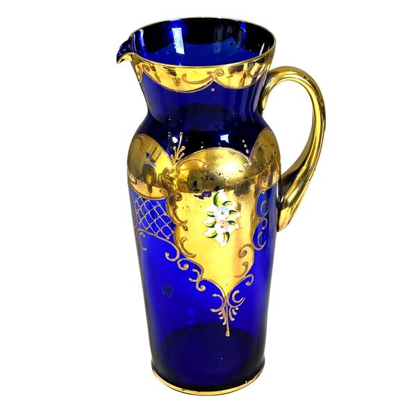Tre Fuochi Venetian Murano Cobalt Blue Enameled and 24K Gold Decanter+6 Goblets - Picture 4 of 12